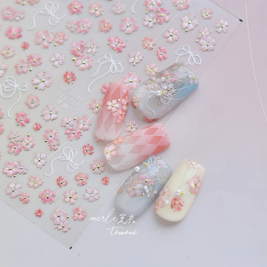 Camellia Flower Blooming Petal Floral Blue Leaves Chinese Characters Poetry Golden 5D Nail Art Sticker Adhesive Manicure Decal