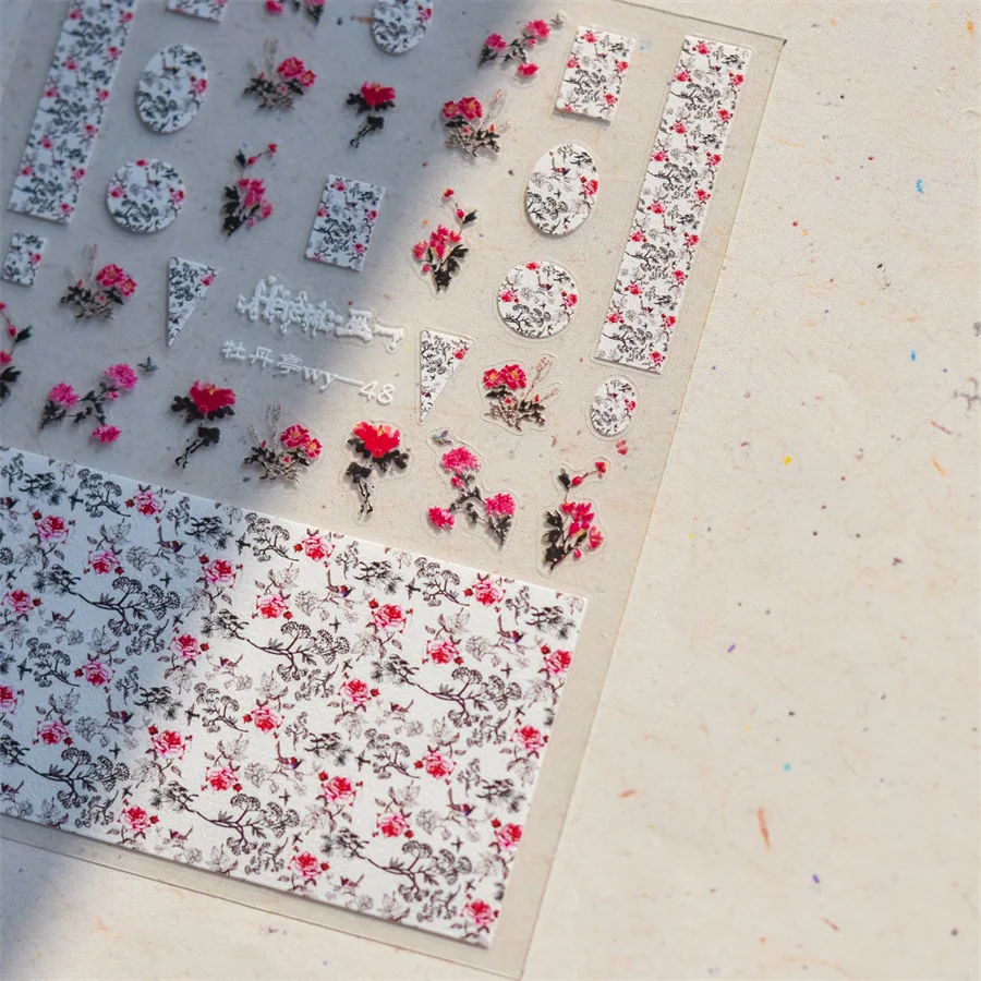 Camellia Flower Blooming Petal Floral Blue Leaves Chinese Characters Poetry Golden 5D Nail Art Sticker Adhesive Manicure Decal