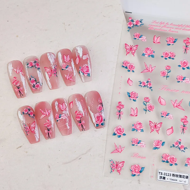 Camellia Flower Blooming Petal Floral Blue Leaves Chinese Characters Poetry Golden 5D Nail Art Sticker Adhesive Manicure Decal