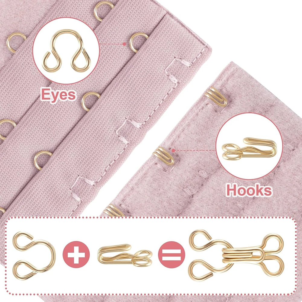 100PCS Sewing Hooks and Eyes Closure Gold Alloy Bra Hooks Sew on Snaps for Bra Clothing Replacement Trousers Skirts Crafting