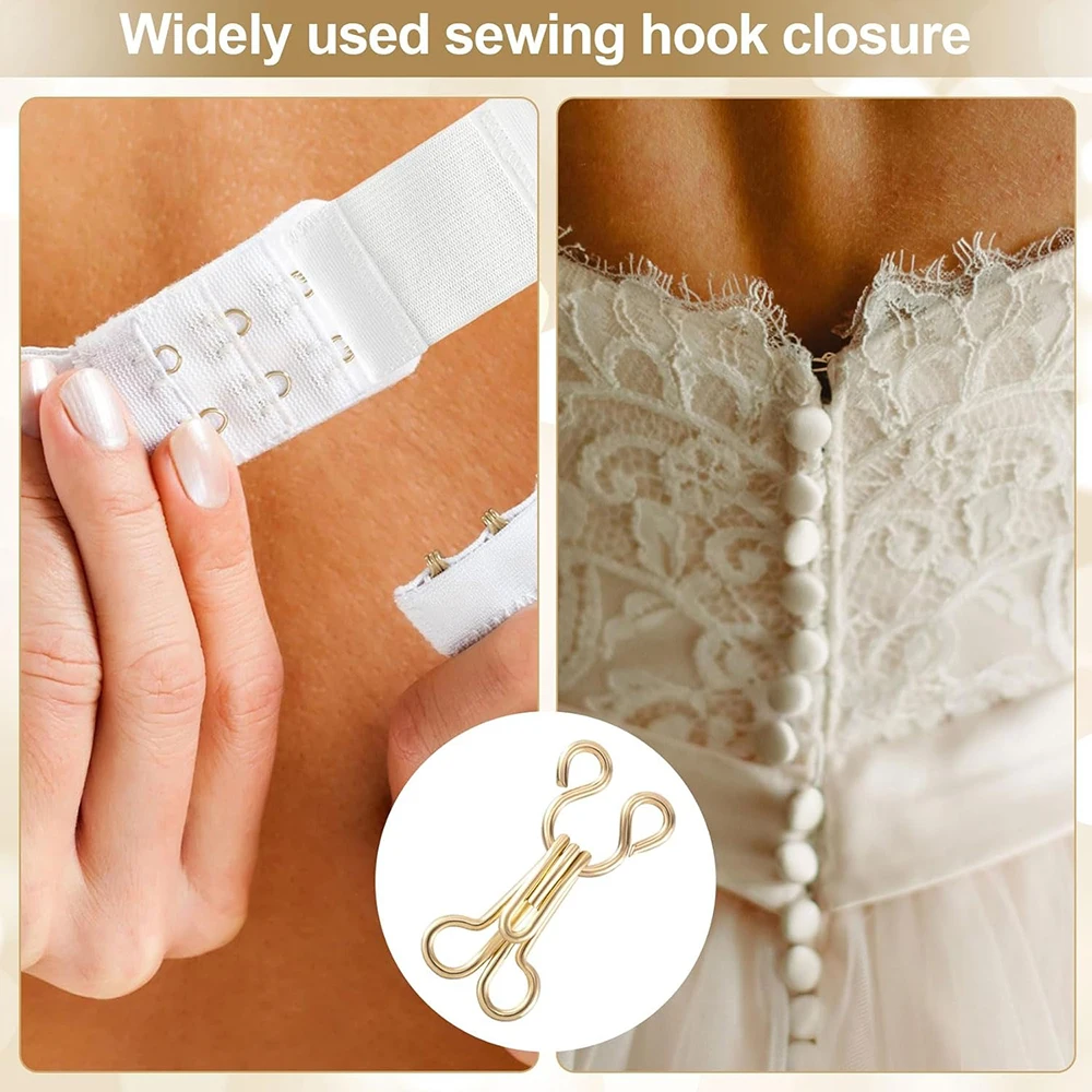 100PCS Sewing Hooks and Eyes Closure Gold Alloy Bra Hooks Sew on Snaps for Bra Clothing Replacement Trousers Skirts Crafting