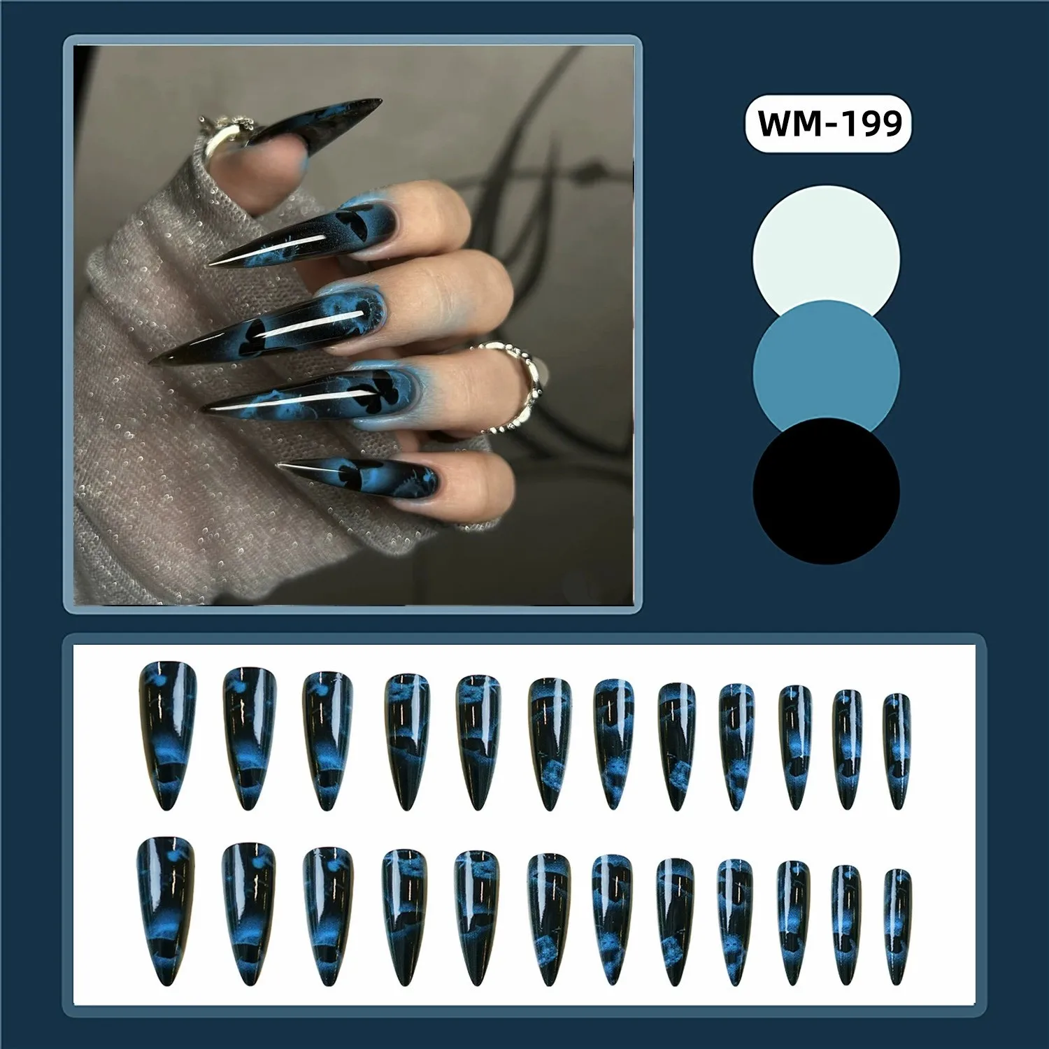 24PCS Dark Blue Butterfly Y2k False Nails Spicy Girls Gradient French Pointed Fake Nails Press On Long Stiletto Artificial Nails