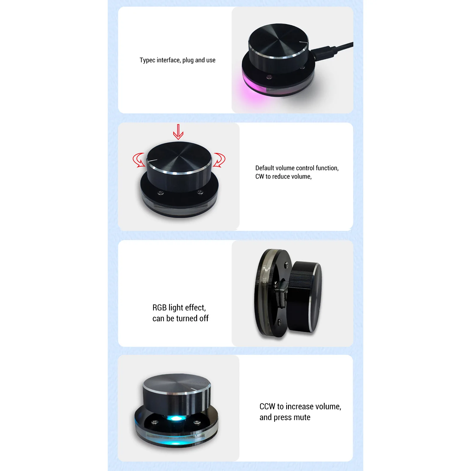 USB Volume Controller Knob for Android System PC Multimedia Type C External Media Adjustment Controller with RGB Light