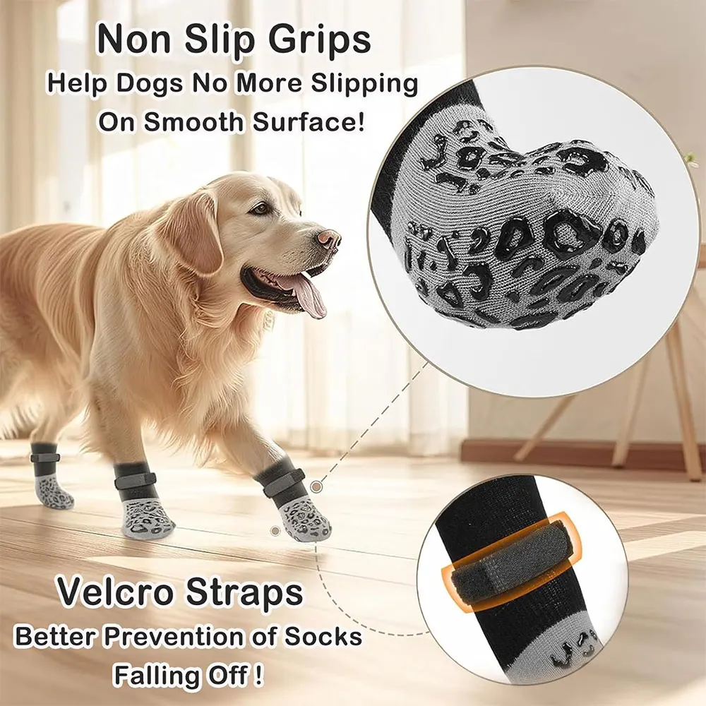 4-Pack Anti-Slip Dog Socks, Prevent Licking and Biting of Hard Wooden Floors, Strong Grip, Paw Protection, Anti-Scratch, Double-Sided Anti-Slip Dog Socks