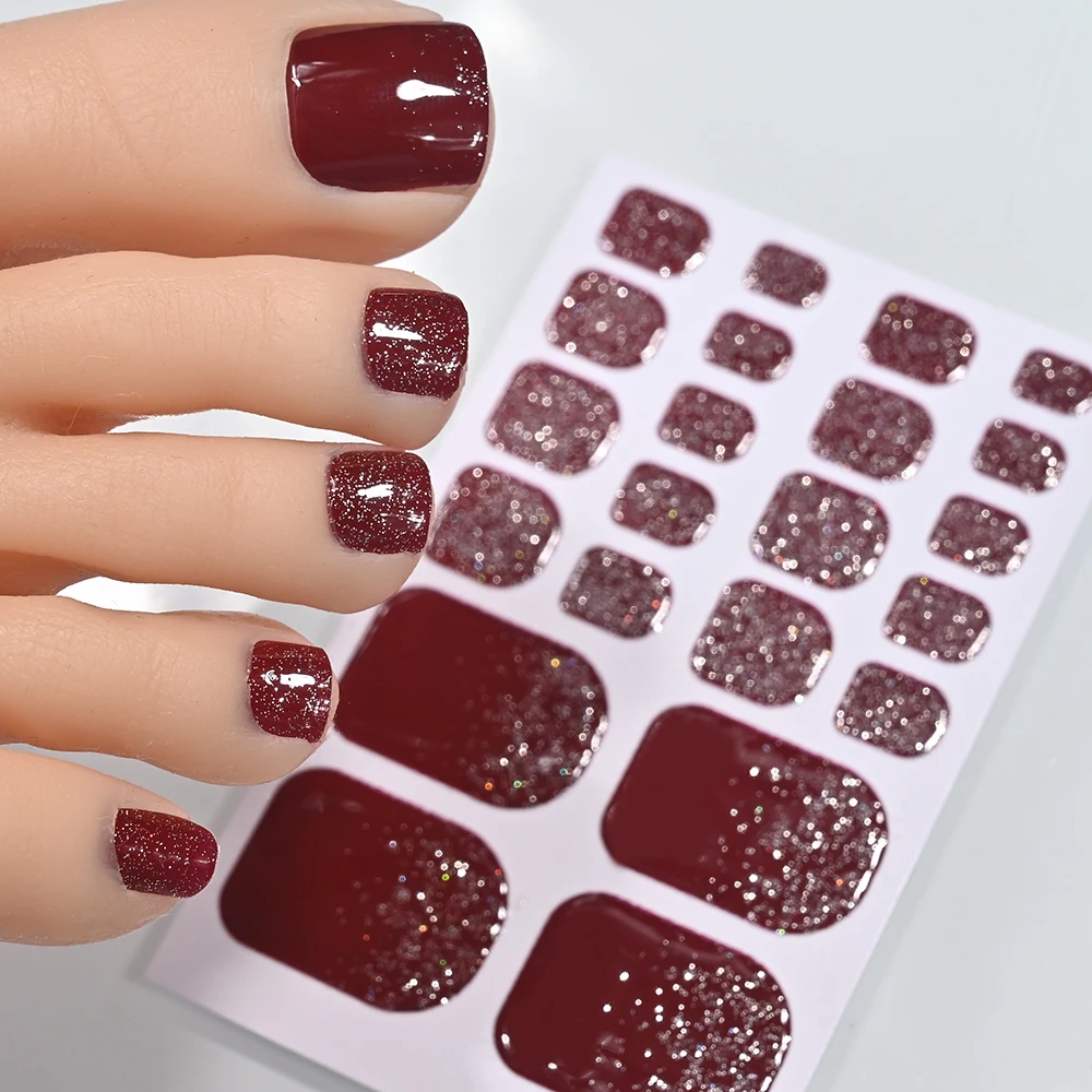 5Sheets/110Tips Summer Glitter Toe Nail Stickers Full Cover Nail Wraps Solid Color Adhesive Toenails Decals for Women DIY Foot &