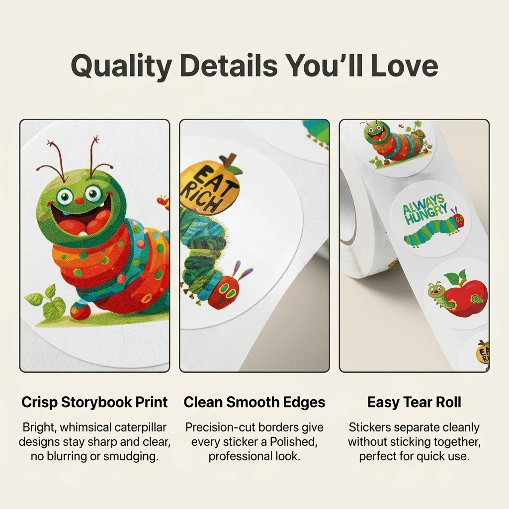 500Pcs/Roll Greedy Eat Rich Caterpillar Stickers 2.5cm/0.98'' 8 Designs Decals Diy Adorn Gifts Suitable for Various Gift Decor