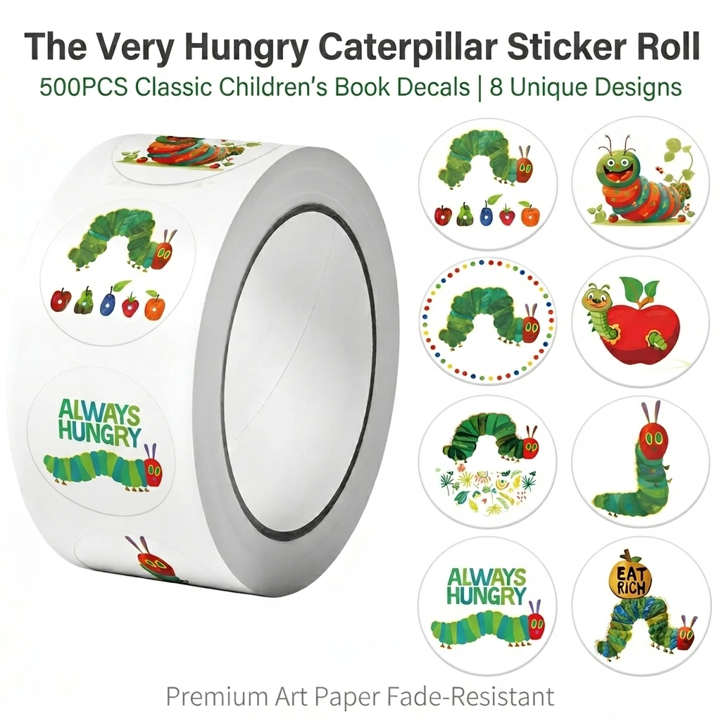 500Pcs/Roll Greedy Eat Rich Caterpillar Stickers 2.5cm/0.98'' 8 Designs Decals Diy Adorn Gifts Suitable for Various Gift Decor