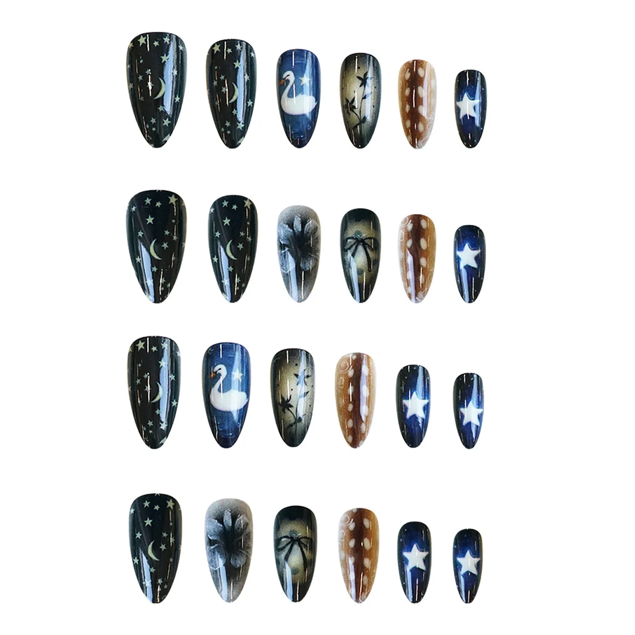 24pcs Gradient Black False Nails Yellow Star Moon Swan Pattern Press On Nails Sweet Cool Bowknots Flower Fake Nail Y2k Manicure
