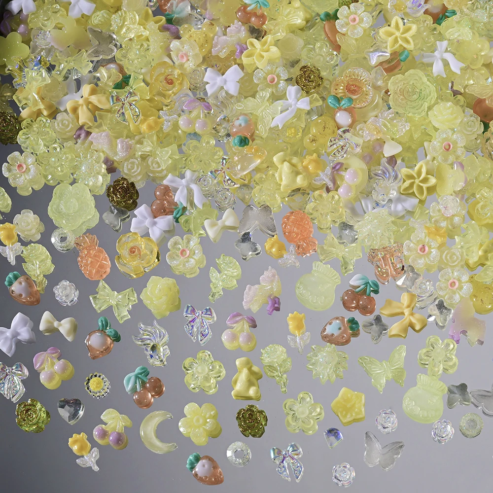 500-600Pcs Mix Bow Flowers Resin Nail Charms 3D Aurora Kawaii Ribbon Bowknot Rhinestones For DIY Nail Art Decorations 50g/bag