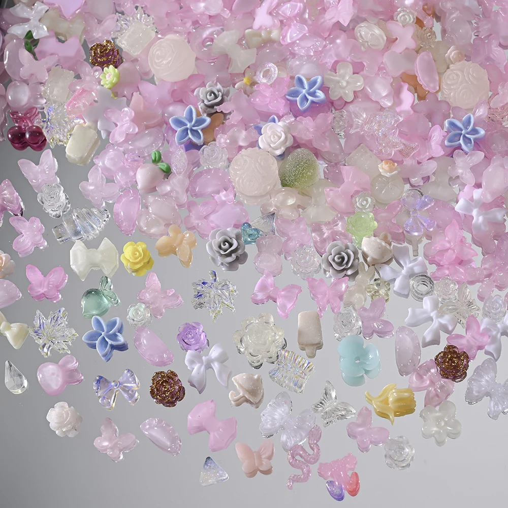 500-600Pcs Mix Bow Flowers Resin Nail Charms 3D Aurora Kawaii Ribbon Bowknot Rhinestones For DIY Nail Art Decorations 50g/bag