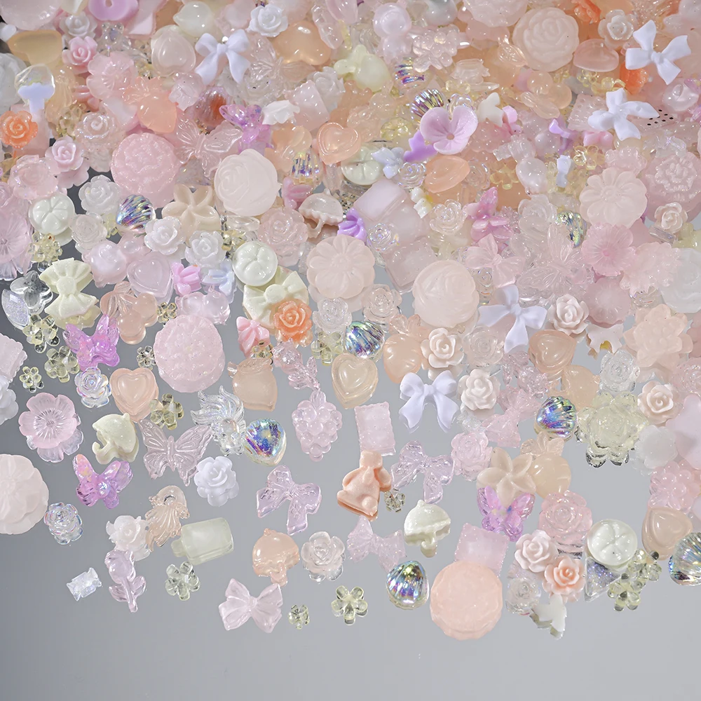 500-600Pcs Mix Bow Flowers Resin Nail Charms 3D Aurora Kawaii Ribbon Bowknot Rhinestones For DIY Nail Art Decorations 50g/bag