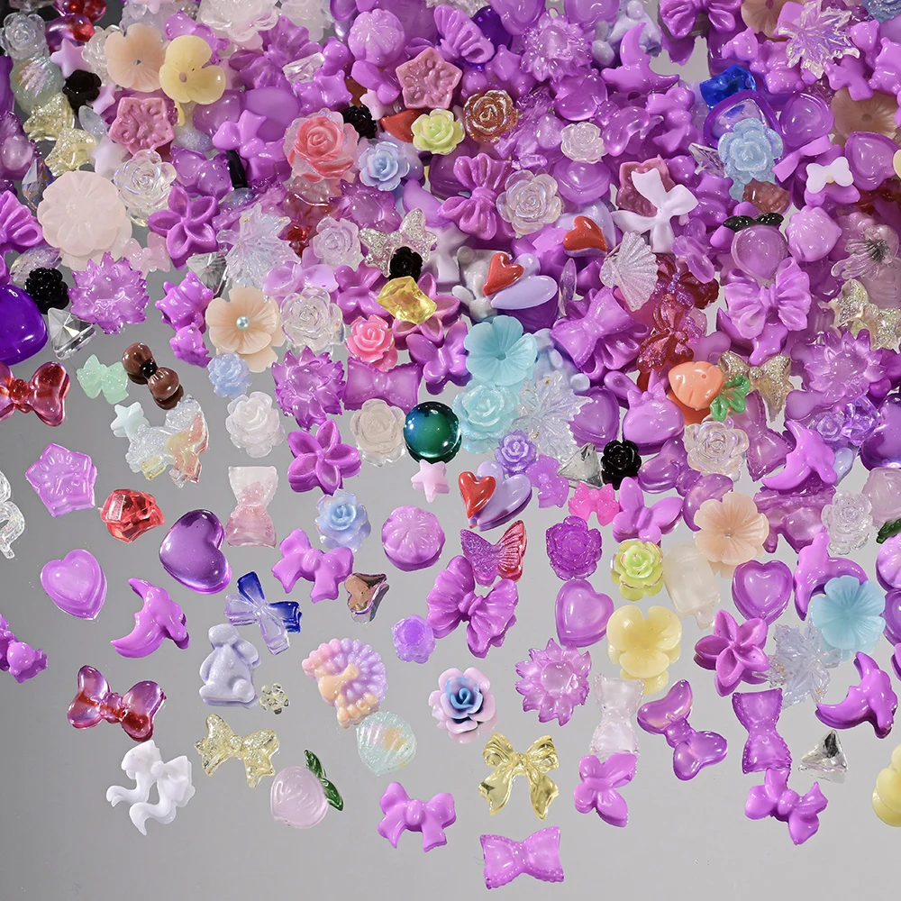 500-600Pcs Mix Bow Flowers Resin Nail Charms 3D Aurora Kawaii Ribbon Bowknot Rhinestones For DIY Nail Art Decorations 50g/bag