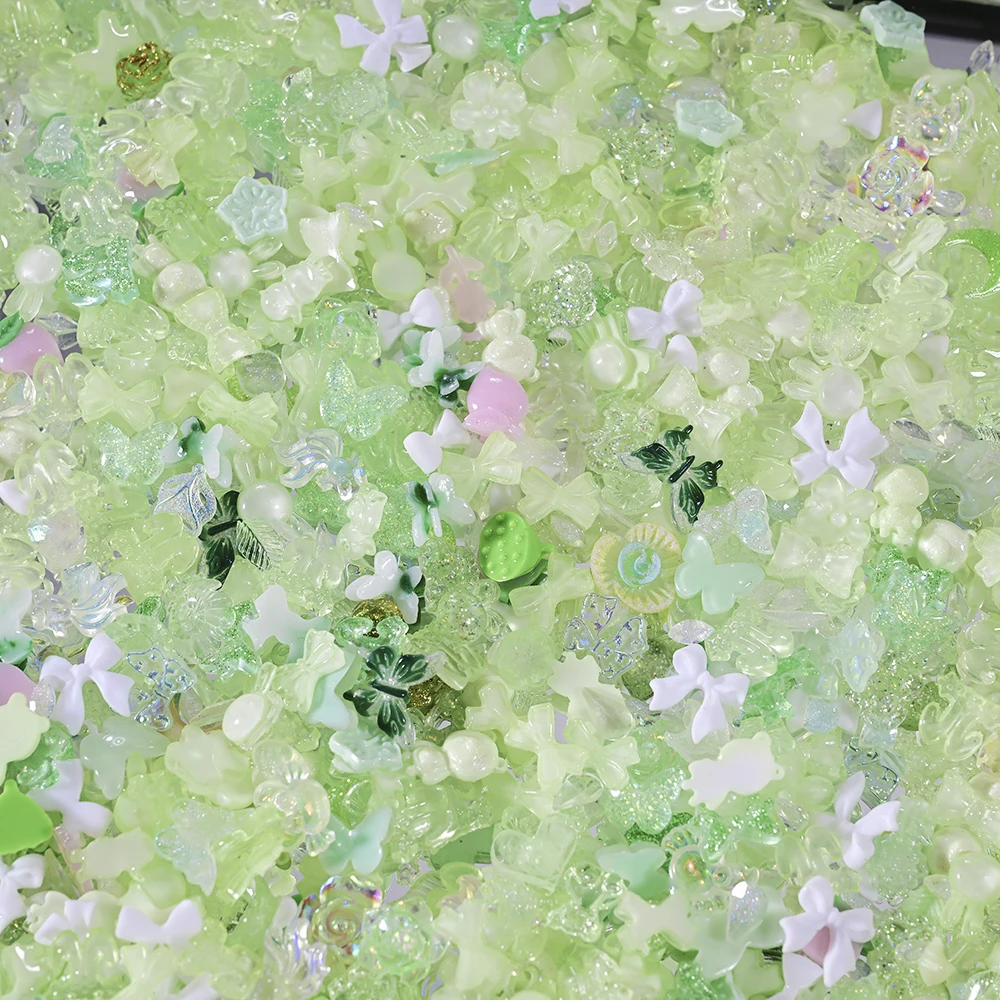 500-600Pcs Mix Bow Flowers Resin Nail Charms 3D Aurora Kawaii Ribbon Bowknot Rhinestones For DIY Nail Art Decorations 50g/bag