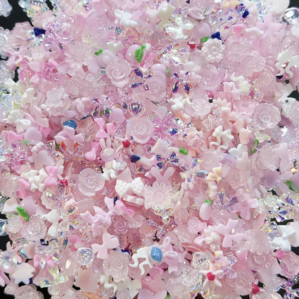 500-600Pcs Mix Bow Flowers Resin Nail Charms 3D Aurora Kawaii Ribbon Bowknot Rhinestones For DIY Nail Art Decorations 50g/bag