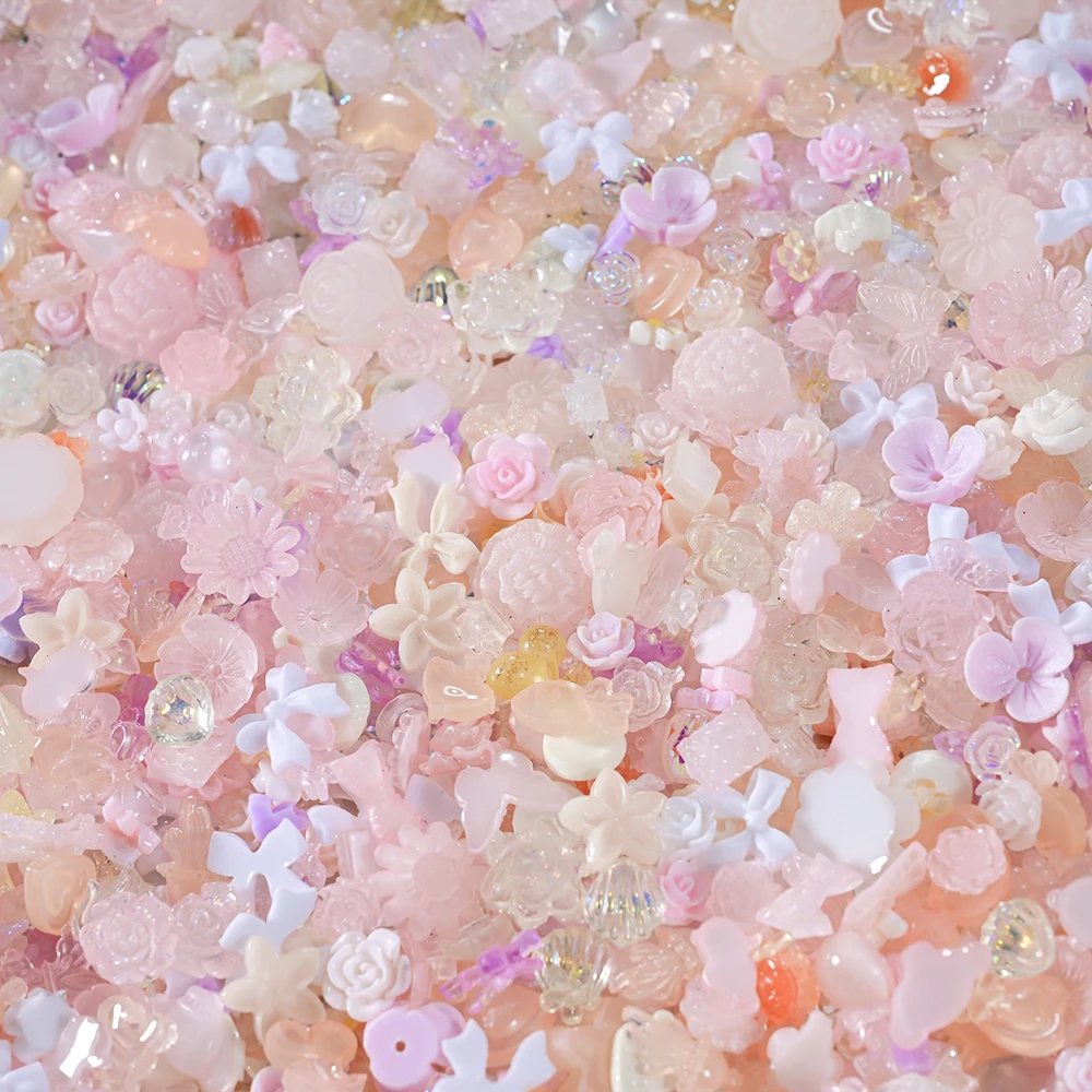 500-600Pcs Mix Bow Flowers Resin Nail Charms 3D Aurora Kawaii Ribbon Bowknot Rhinestones For DIY Nail Art Decorations 50g/bag