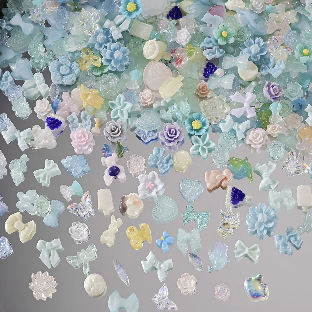 500-600Pcs Mix Bow Flowers Resin Nail Charms 3D Aurora Kawaii Ribbon Bowknot Rhinestones For DIY Nail Art Decorations 50g/bag