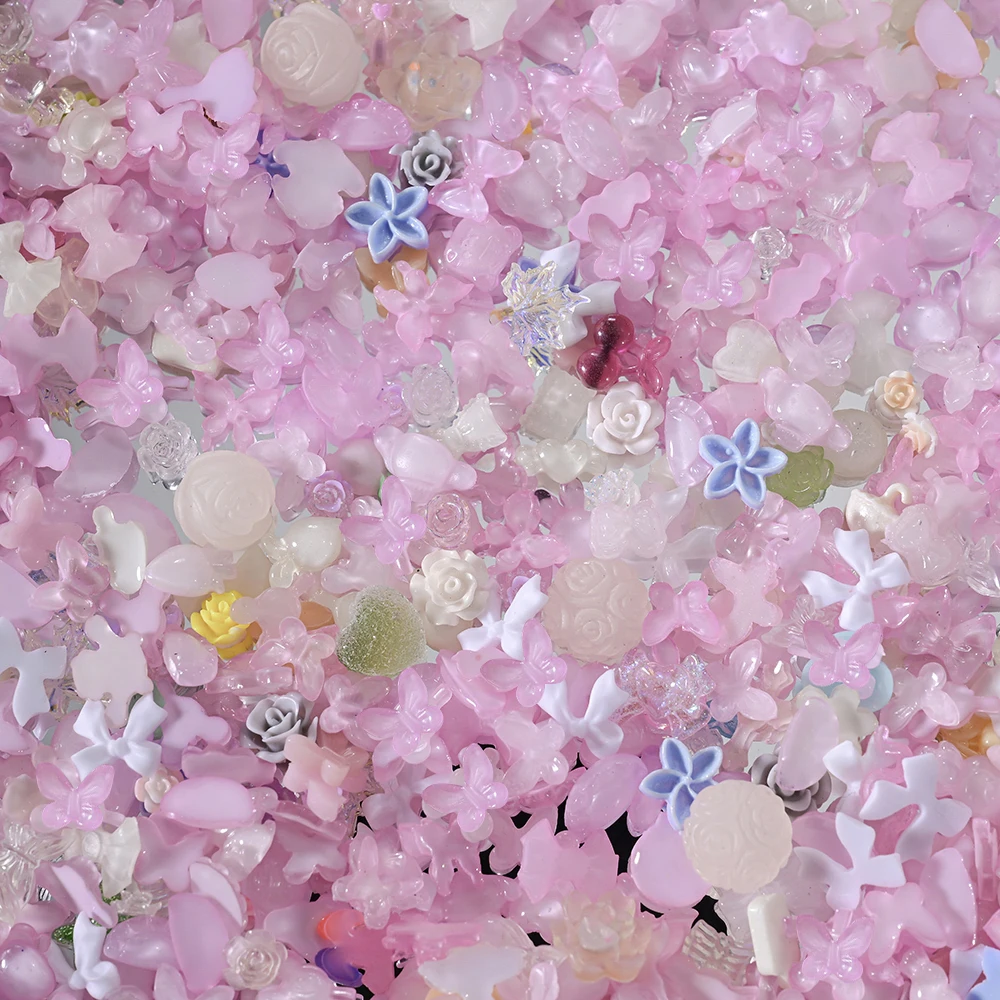 500-600Pcs Mix Bow Flowers Resin Nail Charms 3D Aurora Kawaii Ribbon Bowknot Rhinestones For DIY Nail Art Decorations 50g/bag