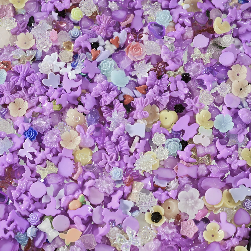 500-600Pcs Mix Bow Flowers Resin Nail Charms 3D Aurora Kawaii Ribbon Bowknot Rhinestones For DIY Nail Art Decorations 50g/bag