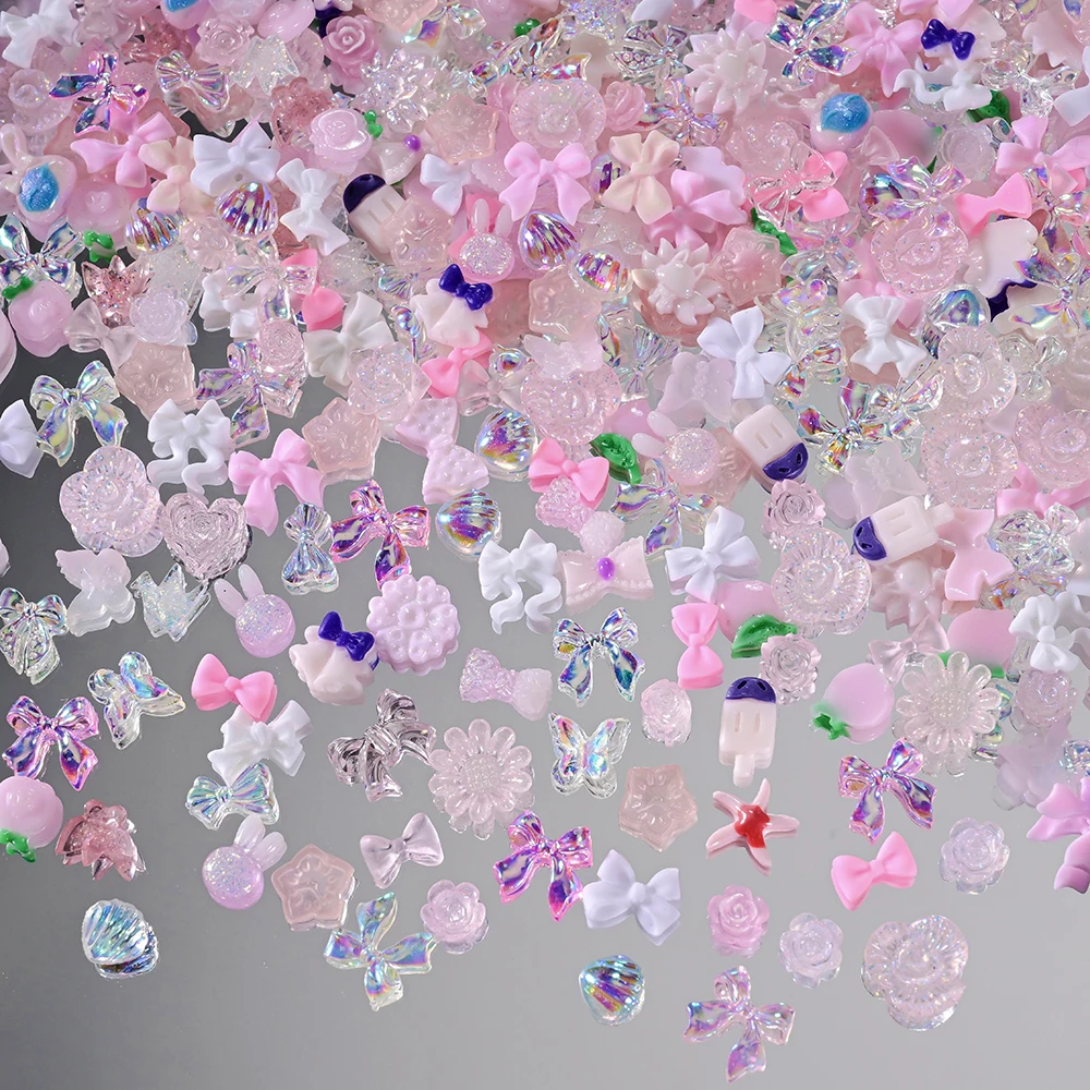500-600Pcs Mix Bow Flowers Resin Nail Charms 3D Aurora Kawaii Ribbon Bowknot Rhinestones For DIY Nail Art Decorations 50g/bag