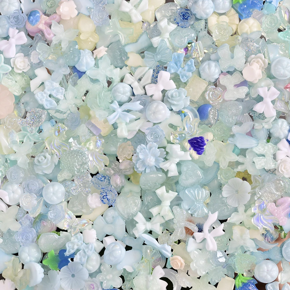 500-600Pcs Mix Bow Flowers Resin Nail Charms 3D Aurora Kawaii Ribbon Bowknot Rhinestones For DIY Nail Art Decorations 50g/bag