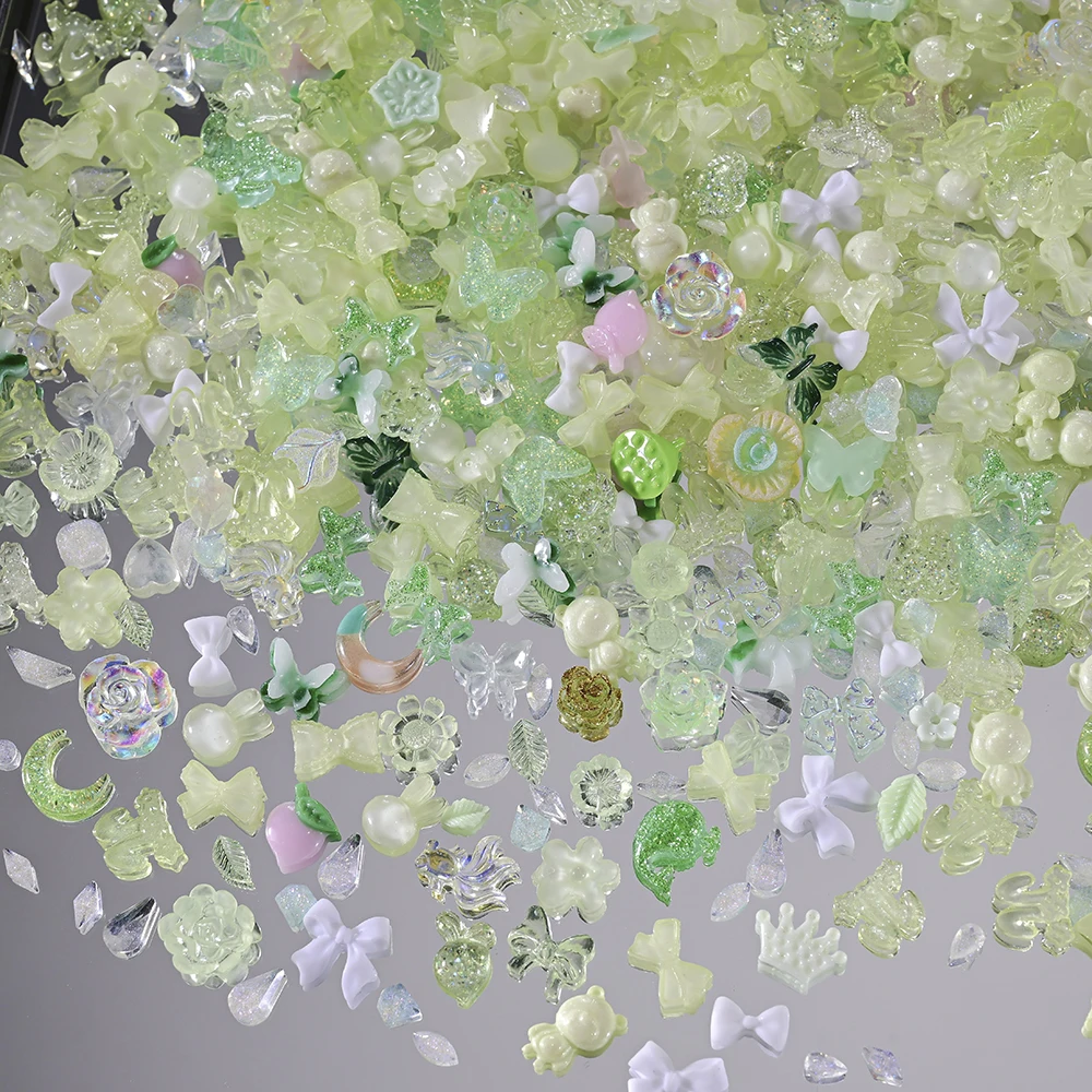 500-600Pcs Mix Bow Flowers Resin Nail Charms 3D Aurora Kawaii Ribbon Bowknot Rhinestones For DIY Nail Art Decorations 50g/bag