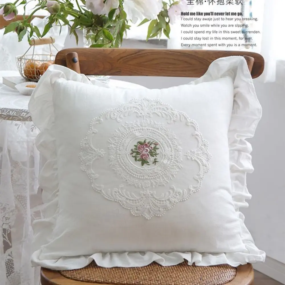 BUYNOW 1PC Flower Embroidered Lace Pillowcase Idyllic Living Room Sofa Cushion Cover Home Bedroom Saddle Decor Cojines Para Sala