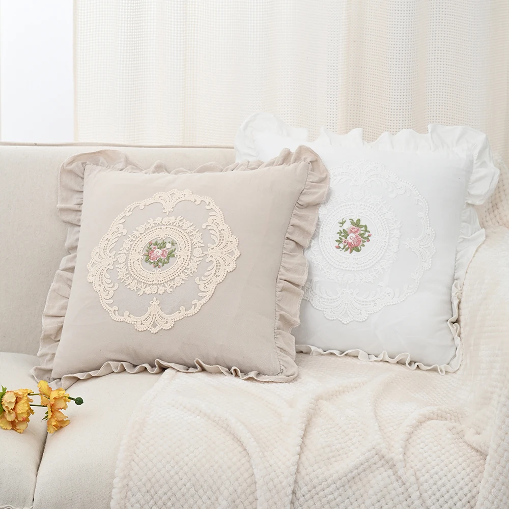 BUYNOW 1PC Flower Embroidered Lace Pillowcase Idyllic Living Room Sofa Cushion Cover Home Bedroom Saddle Decor Cojines Para Sala