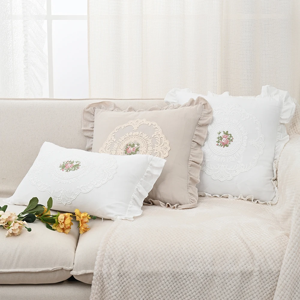 BUYNOW 1PC Flower Embroidered Lace Pillowcase Idyllic Living Room Sofa Cushion Cover Home Bedroom Saddle Decor Cojines Para Sala