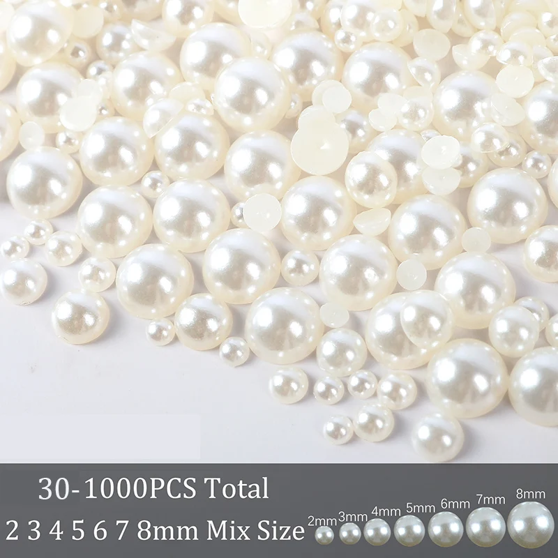 30-1000Pcs Half Flatback Imitation Pearls Beads White/Beige ABS Half Round Loose Bead For Nail Art DIY Craft Garment 2-16mm