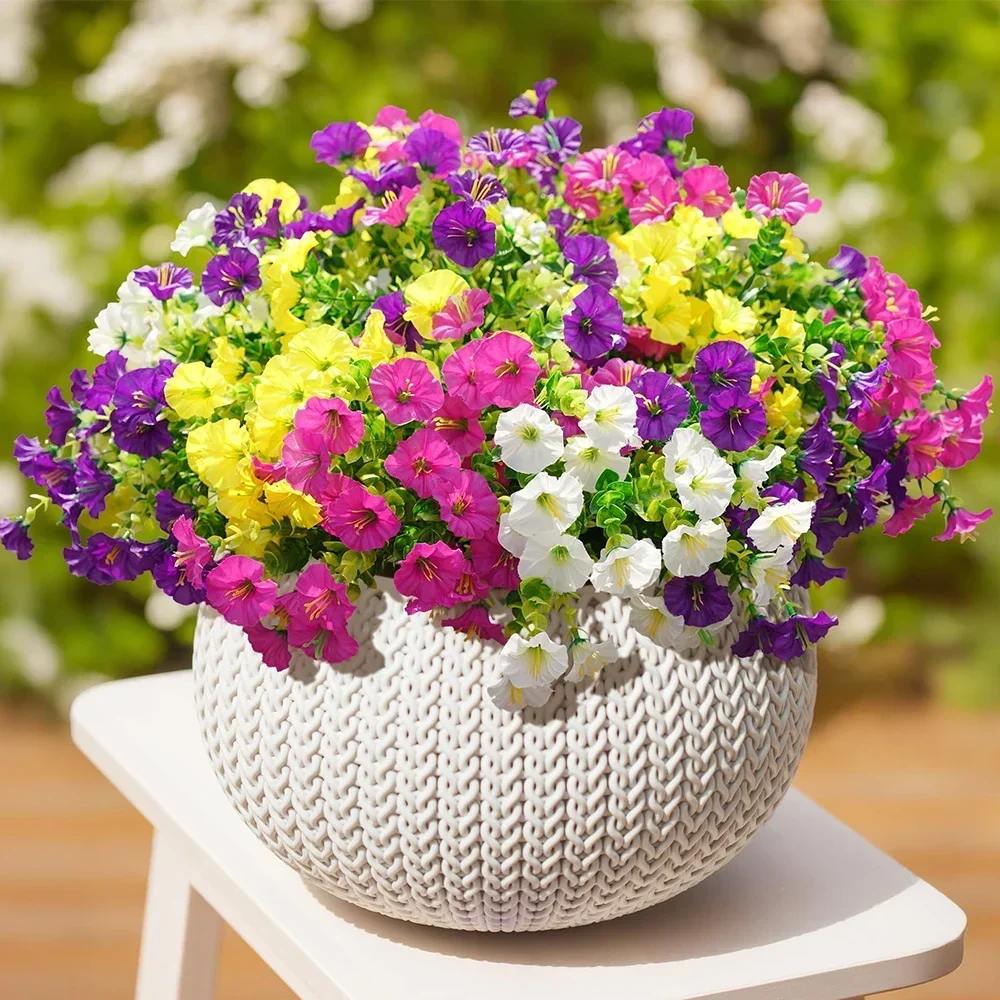 4/12Pcs Artificial Flowers Fake Silk Morning Glory Flower Eucalyptus Plants UV Resistant Garden Summer House Outdoor Decoration