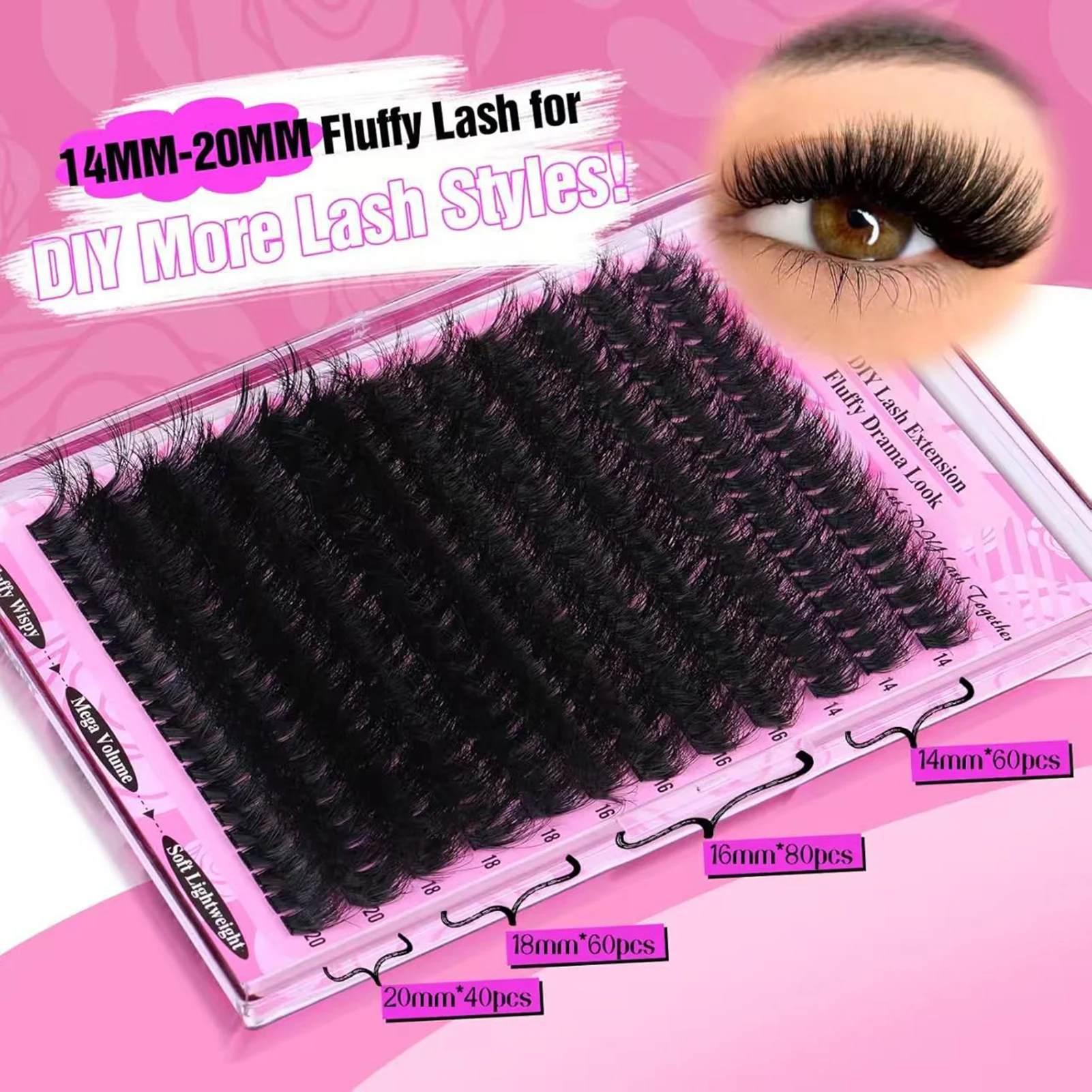 14-20mm Fluffy cluster Lash extenstions Natural Matte Black Professional false eyelashes 200D DIY manga Lashes supplies makeup