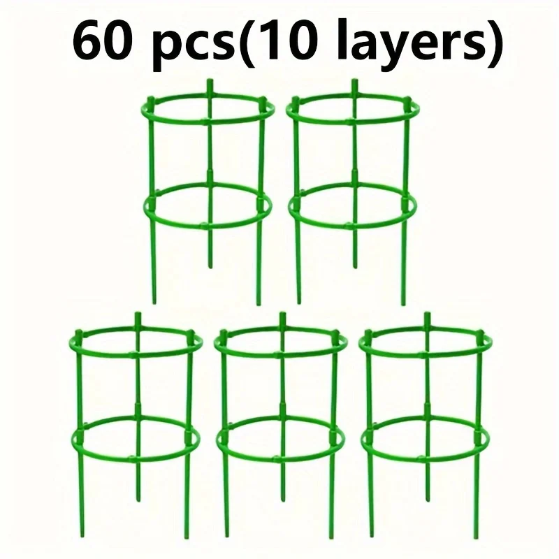 60pcs Stackable Plastic Plant Support Rings - 10-Tier Garden Stakes for Climbing Flowers, Vines, Vegetables | Durable Green