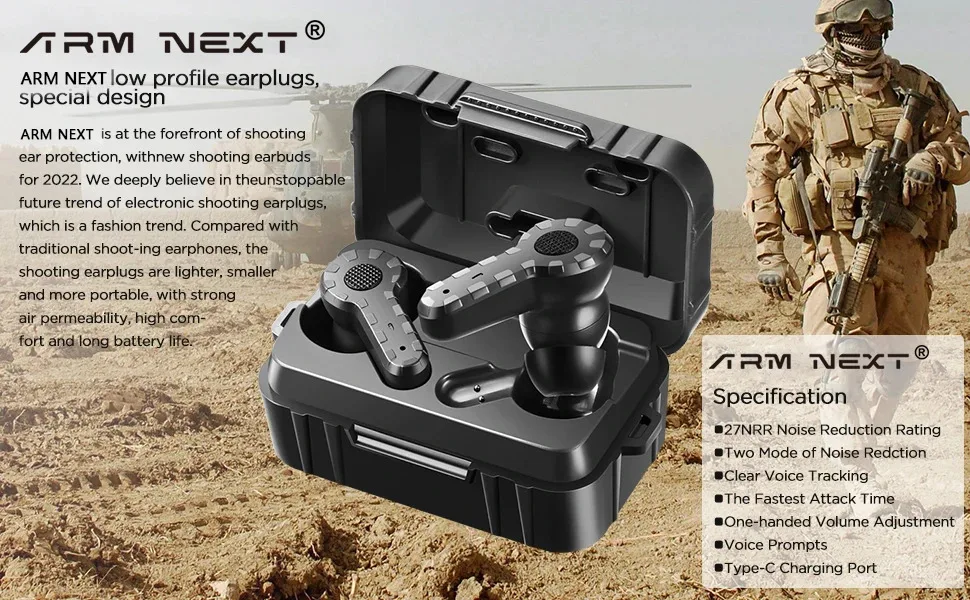 ARM NEXT Tactical Earphone Earplugs for Noise-canceling Ear Caps for Shooting Hearing Protection NRR27dB
