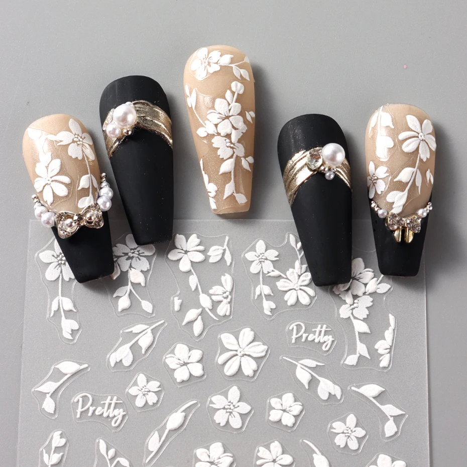 2pcs White Flower 3D Nail Art Stickers Sakura Blooming Florals Leaf Self-Adhesive Nail Decorations Sliders for DIY Manicure