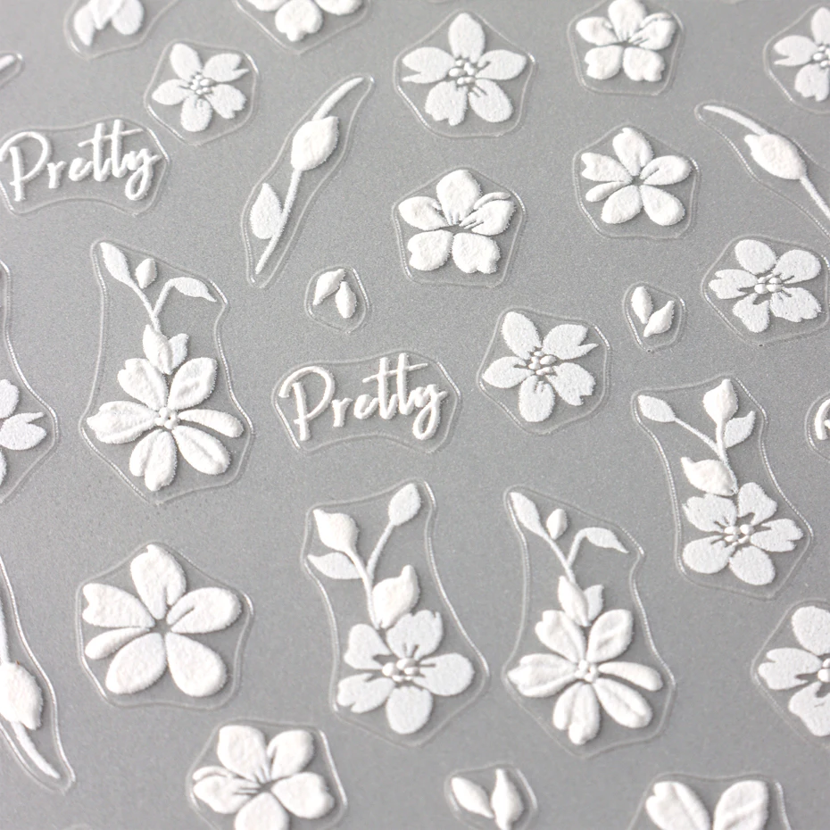 2pcs White Flower 3D Nail Art Stickers Sakura Blooming Florals Leaf Self-Adhesive Nail Decorations Sliders for DIY Manicure