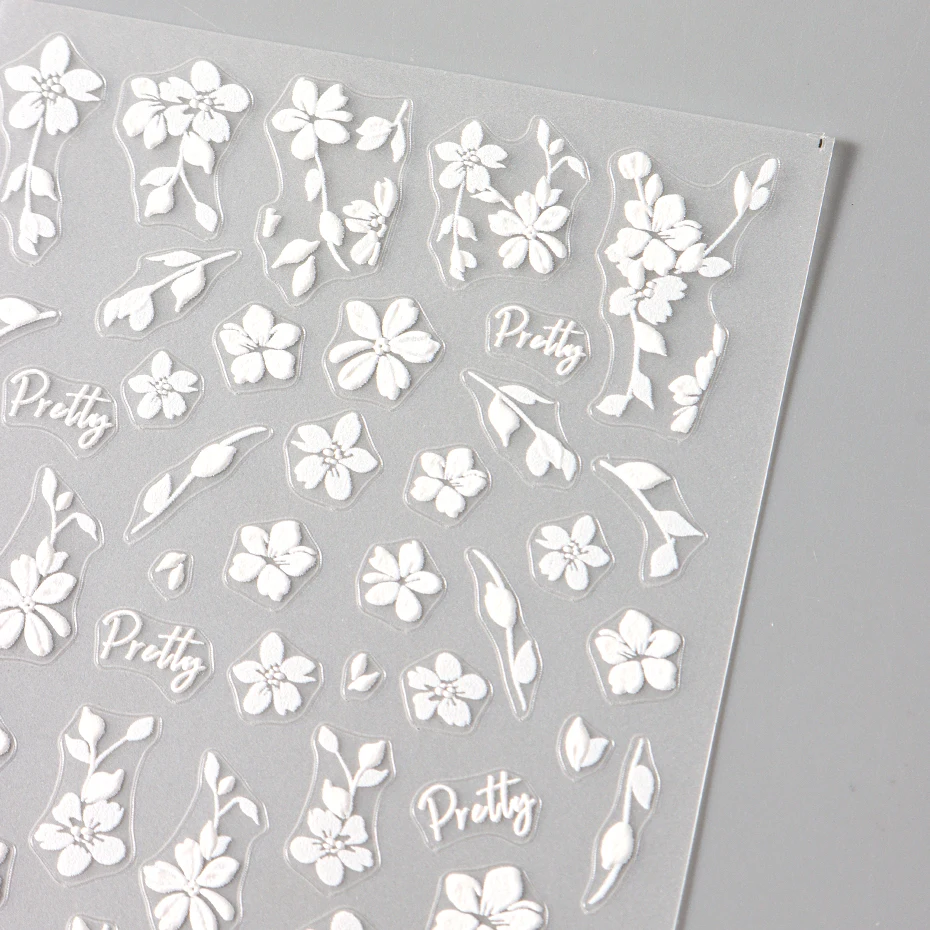 2pcs White Flower 3D Nail Art Stickers Sakura Blooming Florals Leaf Self-Adhesive Nail Decorations Sliders for DIY Manicure