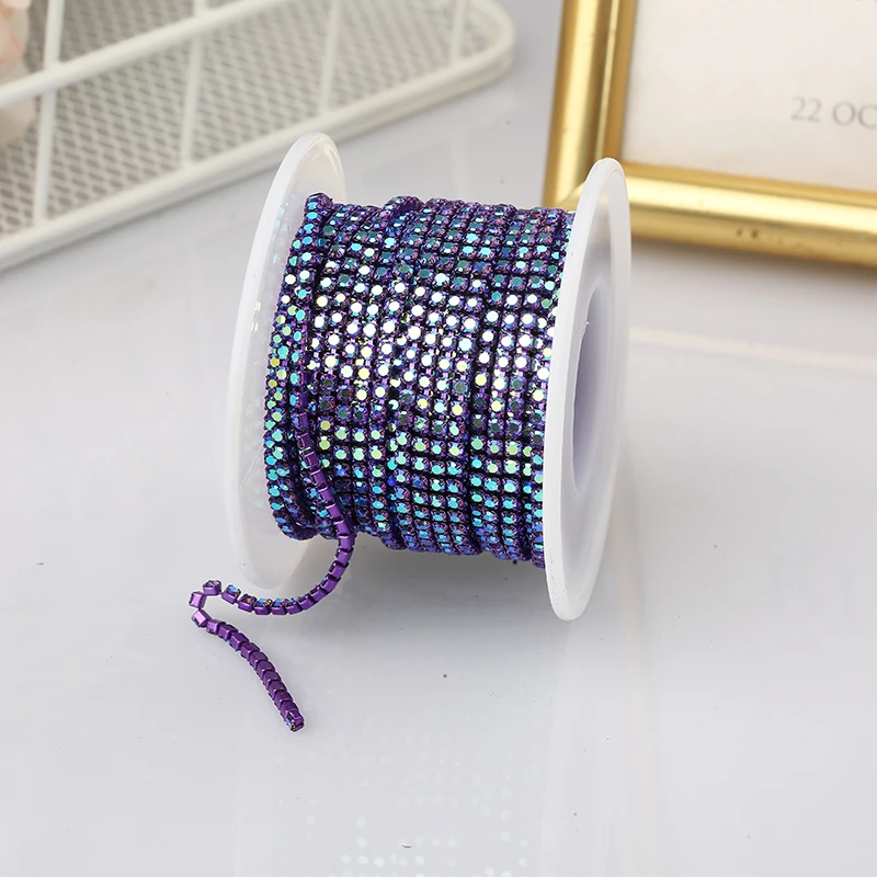PEESOM SS6 2mm Crystal Rhinestone AB Cup Chain With Colorful Claw Sew On Glass Rhinestone Trim Chain Strass Banding for DIY