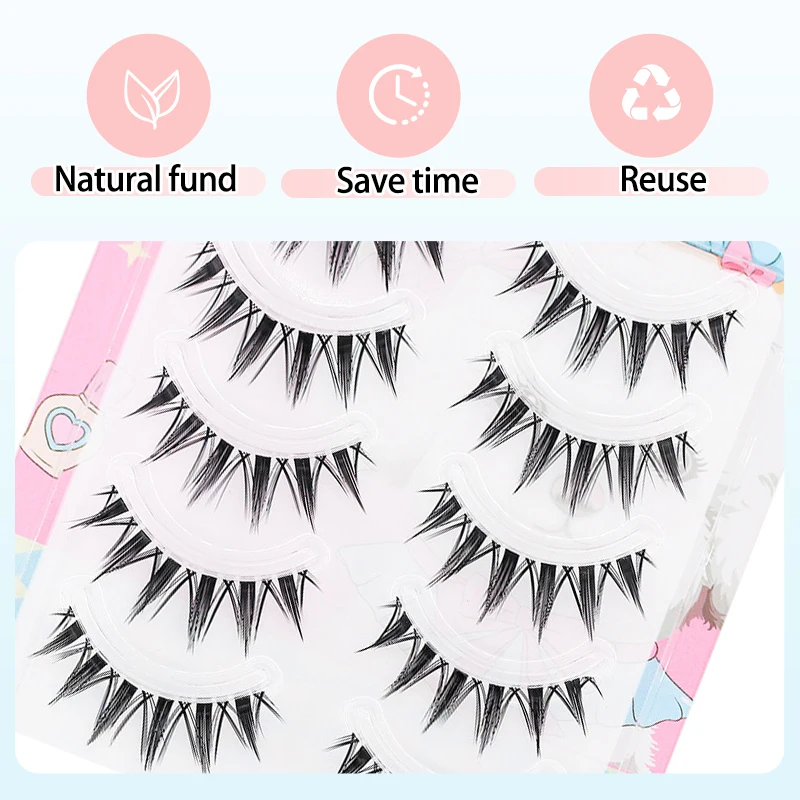 5 Pairs Manga False Eyelashes Wispy Soft Cluster Lashes Natural Thick Eyelashes with Clear Band Korean Style Anime Makeups