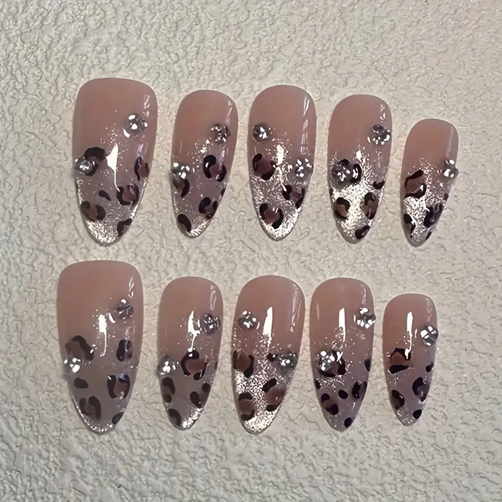 10pcs High-end Leopard print and cat eyes flashing handmade fake nails, Leopard print Hottie medium long nail decoration patch