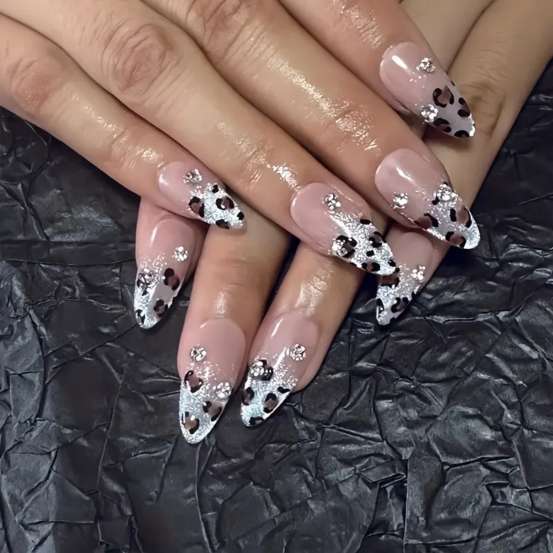 10pcs High-end Leopard print and cat eyes flashing handmade fake nails, Leopard print Hottie medium long nail decoration patch