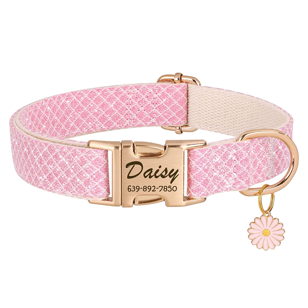 Custom Dog Collar Bling Nylon Dog Collars With Flower Tag Free Engraving Pet Name Buckle Necklace For Small Medium Large Dogs
