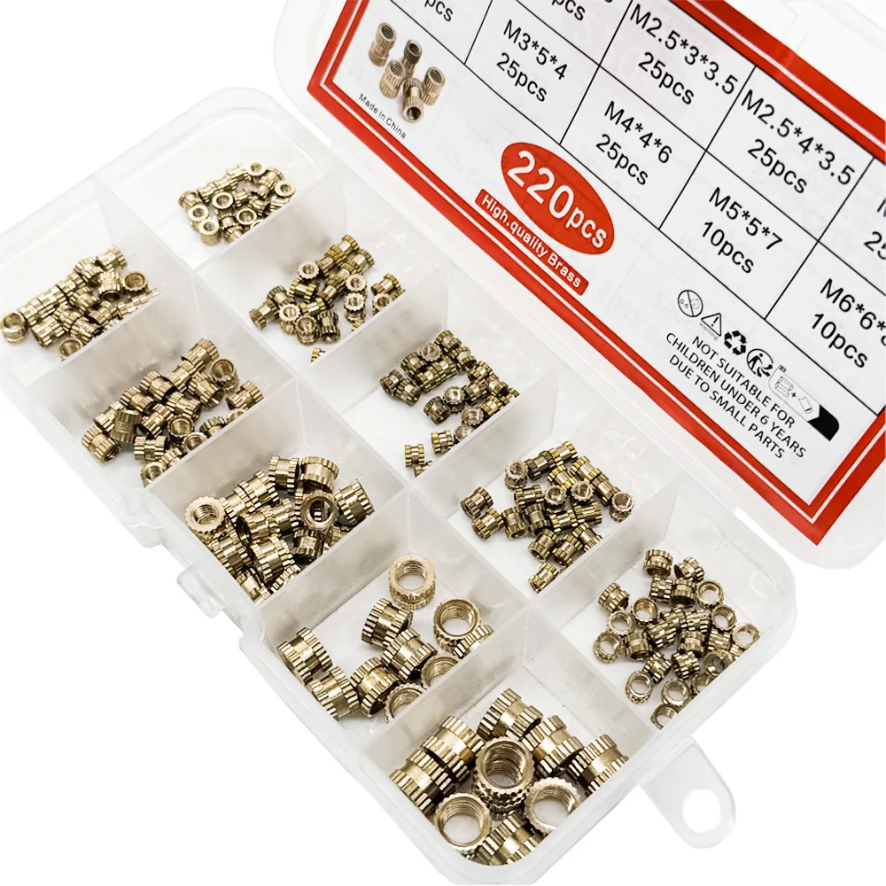 220PCS/1 SetM2 M2.5 M3 M4 M5 M6 Brass Heat Insert Nut Hot Melt Nutinsert Thread Knurled Double Twill Embedment Nuts
