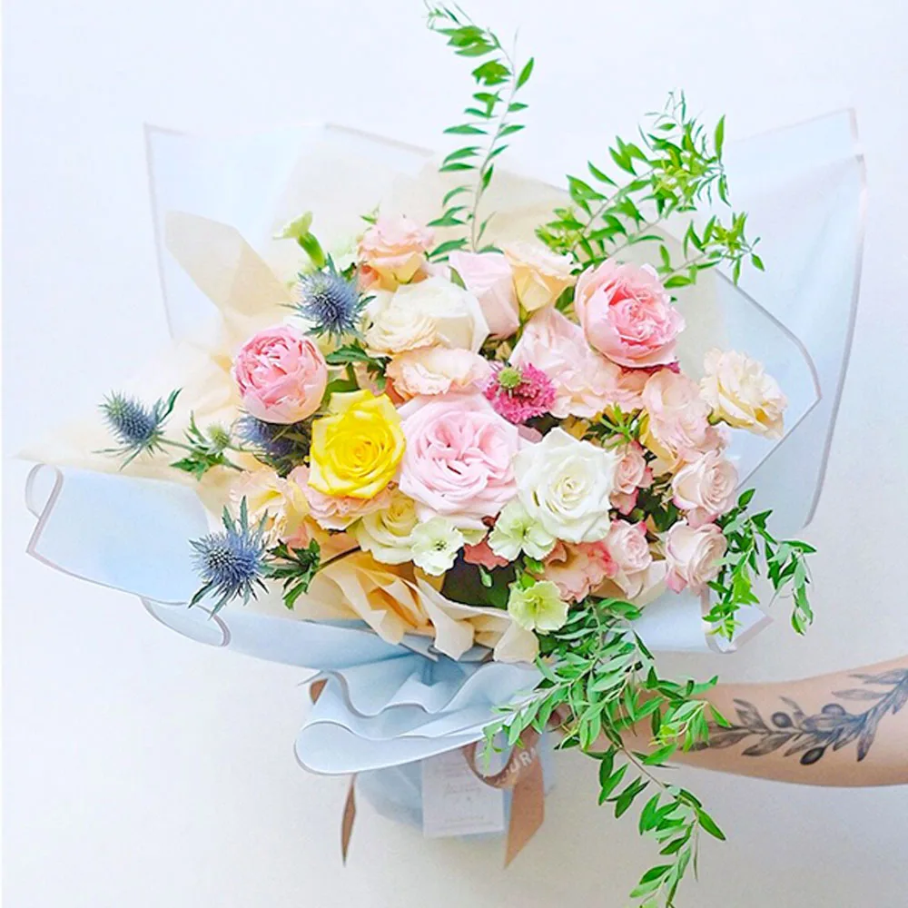 10 Sheets Flower Wrapping Paper with Golden Edges Waterproof Bouquet Packaging Ideal for DIY Weddings Birthdays Presents Package