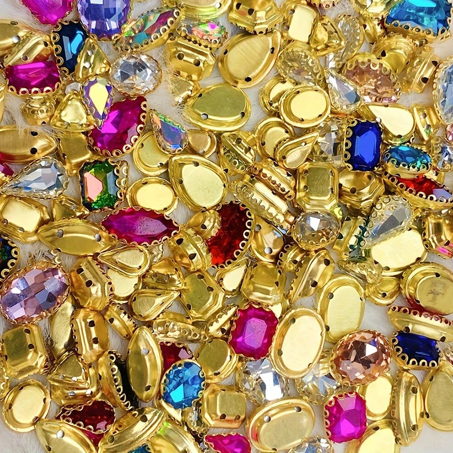 Mixed Colors Rhinestone Embellishments With Golden Claw, Glass Sew-On Gems For DIY Fashion Clothing, Shoes, Hats, And Bags Decor