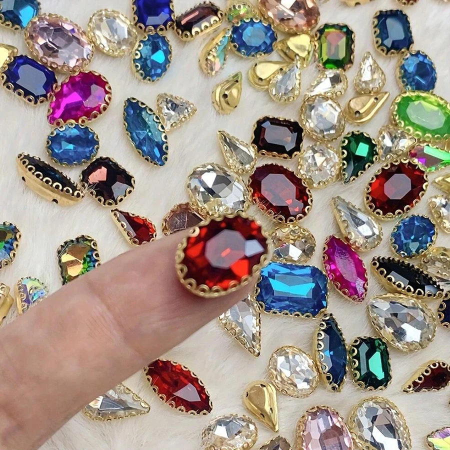 Mixed Colors Rhinestone Embellishments With Golden Claw, Glass Sew-On Gems For DIY Fashion Clothing, Shoes, Hats, And Bags Decor