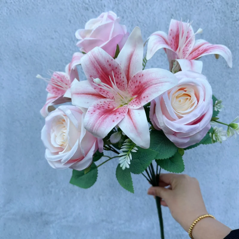 Spring Color Bouquet: 9-Stem Mixed Roses & Lilies with Roses - Fresh Cut Flowers for Home Decor, Wedding, Anniversary, Gift-G