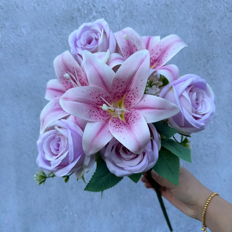 Spring Color Bouquet: 9-Stem Mixed Roses & Lilies with Roses - Fresh Cut Flowers for Home Decor, Wedding, Anniversary, Gift-G