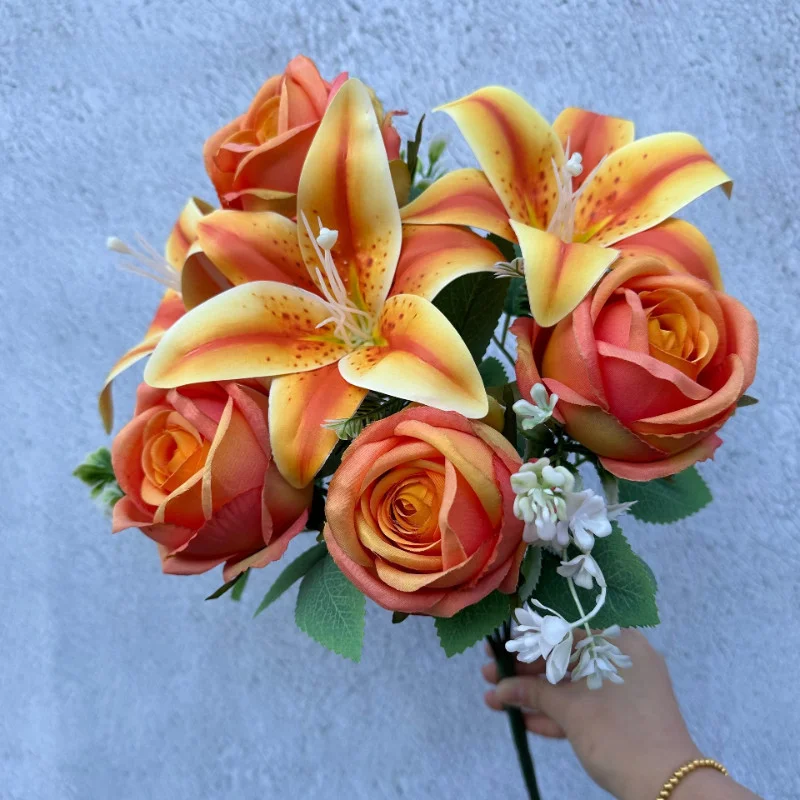 Spring Color Bouquet: 9-Stem Mixed Roses & Lilies with Roses - Fresh Cut Flowers for Home Decor, Wedding, Anniversary, Gift-G