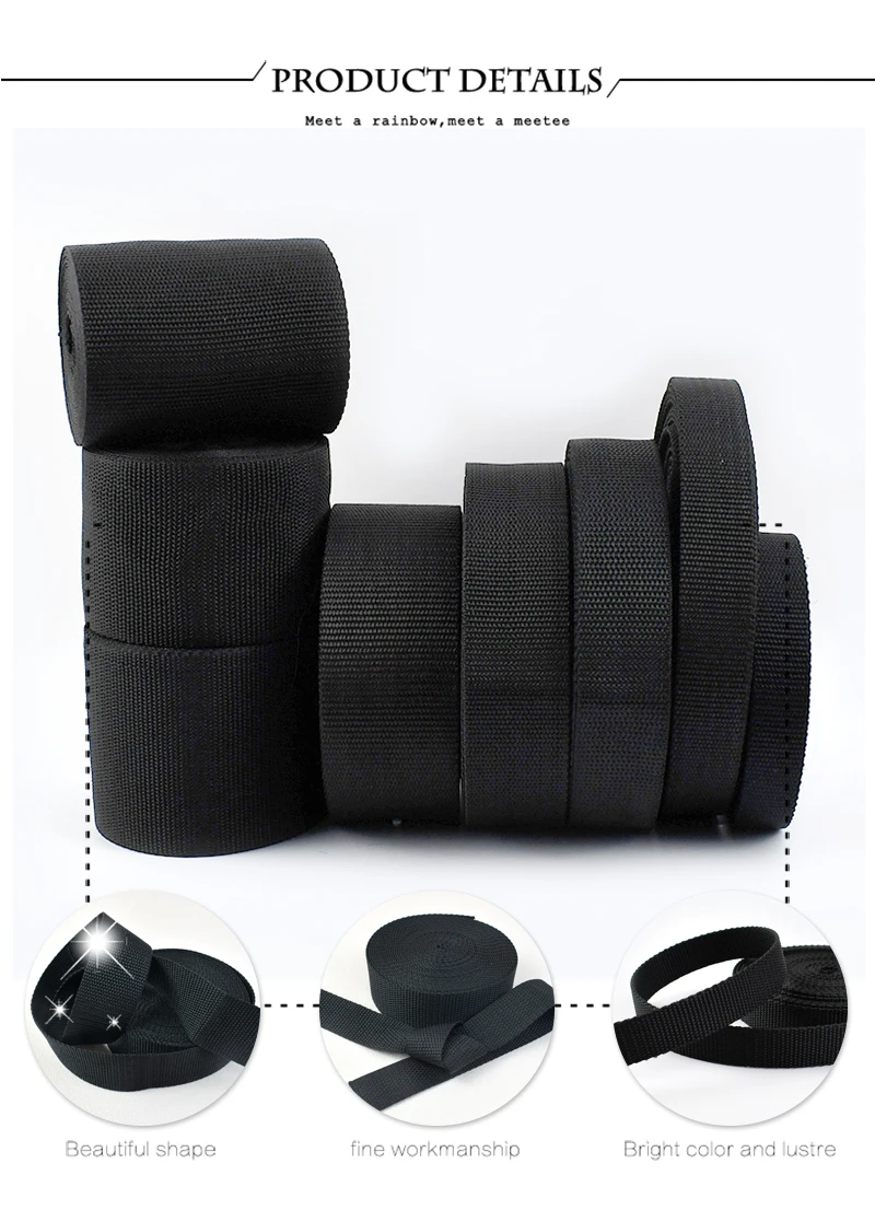 10M Black Webbing 20/25/32/38/50/70/80/100mm Nylon Strap Ribbons Tape Belt Sling Decorative Webbings for Sewing Bais Supplies