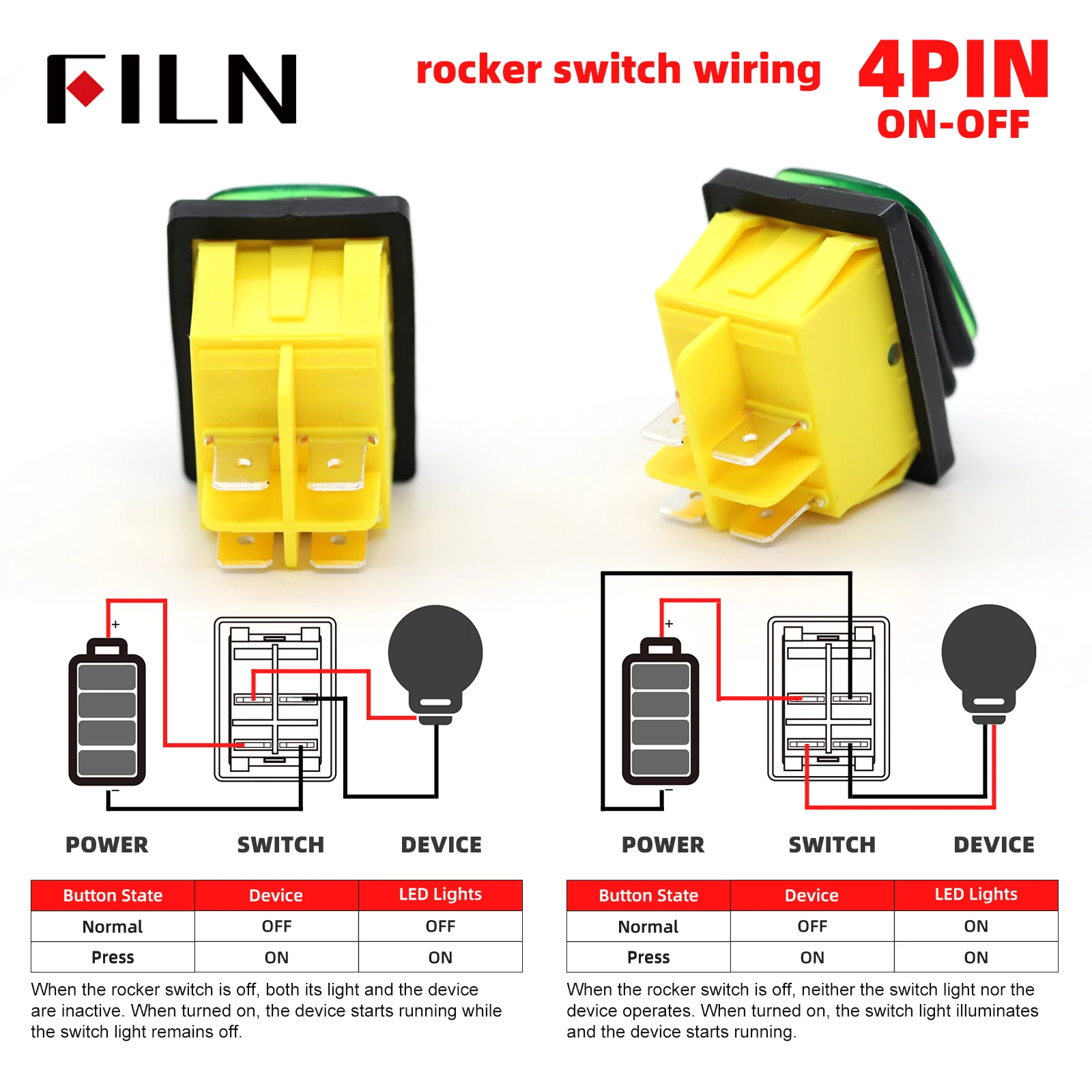 FILN 30A 12V 24V 110V 220VLED Rocker Switch  Waterproof IP65 ON OFF Heavy Duty 4 Pin DPST Sealed  Auto Boat Marine Toggle 30x22
